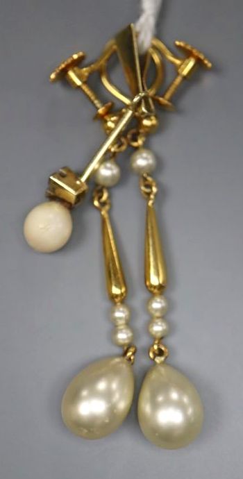 A pair of 9ct and simulated pearl drop earrings, 36mm, gross 2.9 grams and a 585 yellow metal, cultured pearl and diamond chip pendant.